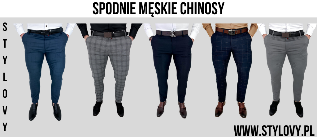 Spodnie męskie chinosy granatowe, szare, czarne, granatowe w kratę, szare zaprezentowane na mężczyźnie